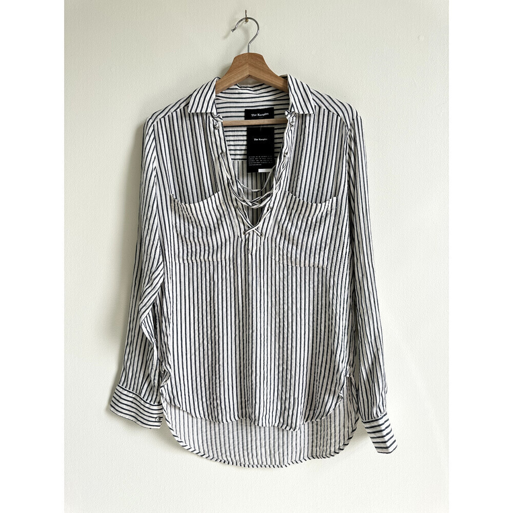 The Kooples Women's Long Sleeve Lace Up Blouse In White Grey Stripes Size 1 $320